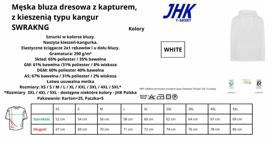 Bluza męska z kapturem WHITE JHK SWRAKNG 290g pod nadruki