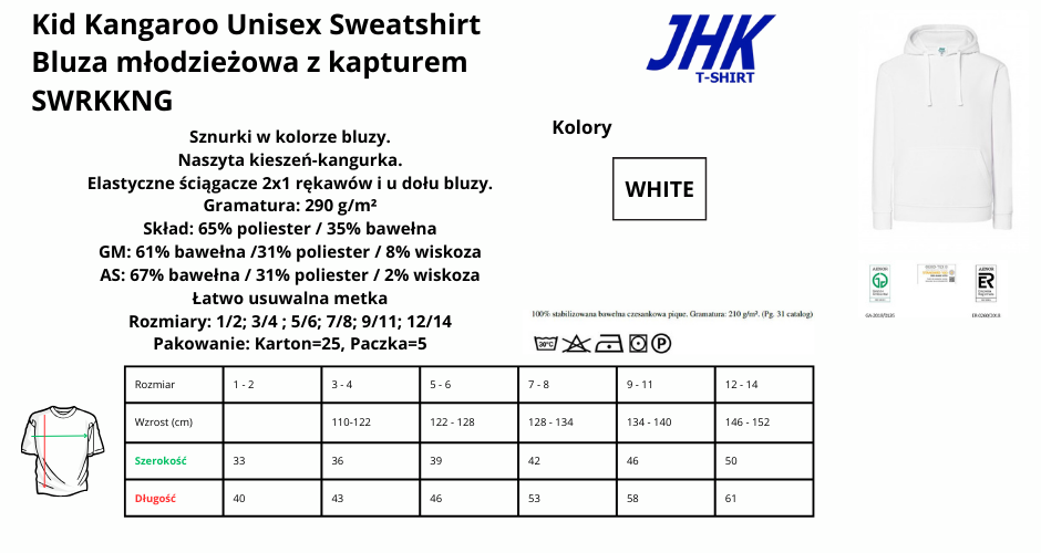 Bluza dziecięca z kapturem WHITE JHK SWRKKNG 290g pod nadruki