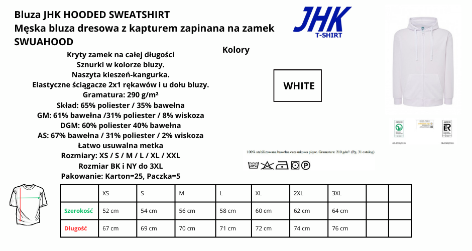 Bluza męska z kapturem rozpinana WHITE JHK SWUAHOOD 290g pod nadruki
