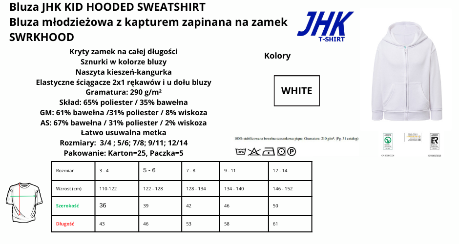 Bluza dziecięca z kapturem rozpinana WHITE JHK SWRKHOOD 290g pod nadruki