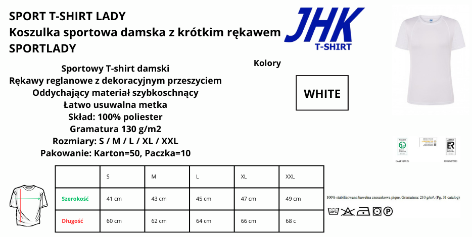Koszulka poliestrowa sportowa damska WHITE JHK SPORT LADY 130g pod nadruki