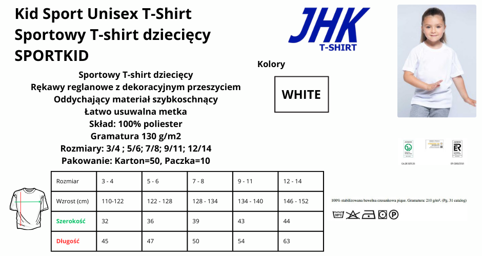 Koszulka poliestrowa sportowa dziecięca WHITE JHK SPORT KID 130g pod nadruki