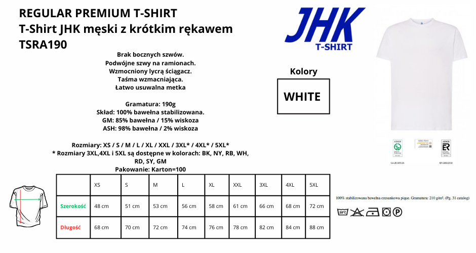 Koszulka męska WHITE JHK 190g pod nadruki