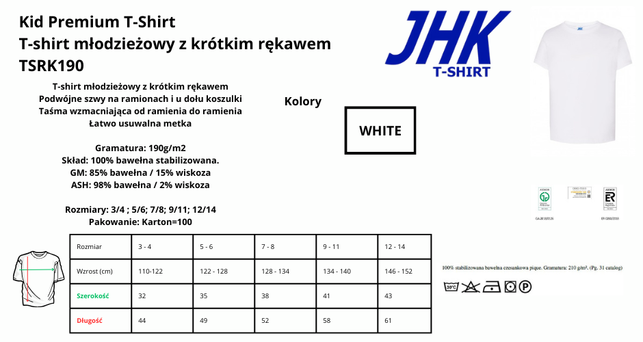 Koszulka dziecięca WHITE JHK 190g pod nadruki