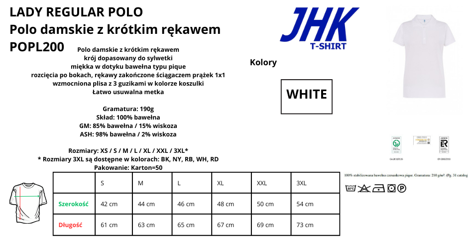 Polo damskie WHITE JHK POPL200 190g pod nadruki