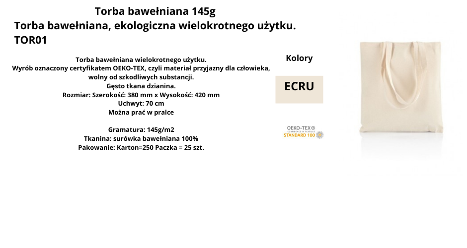 Torba bawełniana naturalna długie ucho 145g pod nadruki
