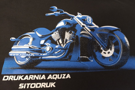 Koszulka z motorem - nadruk rastrowy w 2 kolorach (niebieski, biały) na czarnej bawełnie