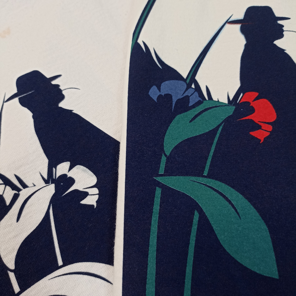 Szczegółowy wykrój pod koszulkę eventową z motywem kolorowych kwiatów