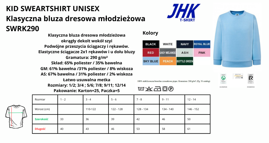 Bluza dziecięca bez kaptura COLOR JHK SWRK 290g pod nadruki