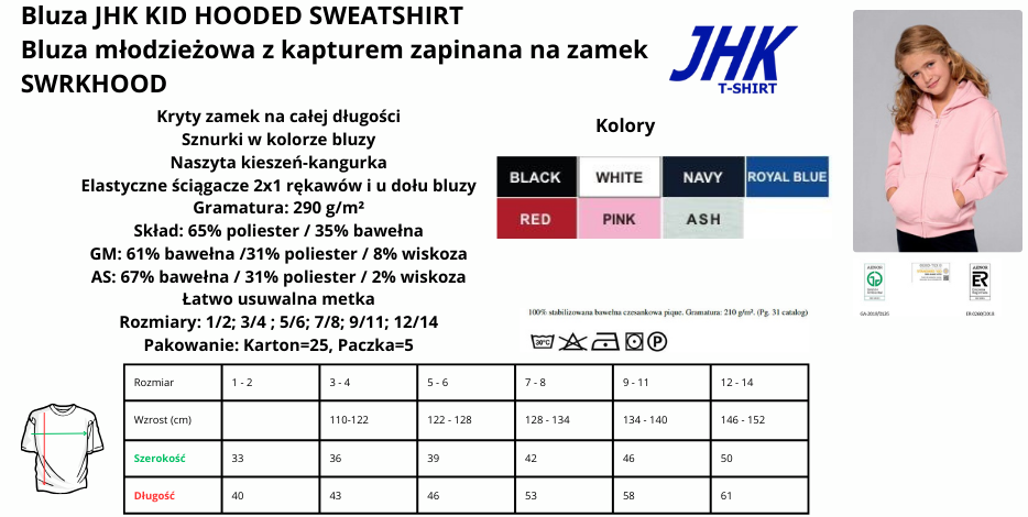 Bluza dziecięca z kapturem rozpinana COLOR JHK SWRKHOOD 290g pod nadruki