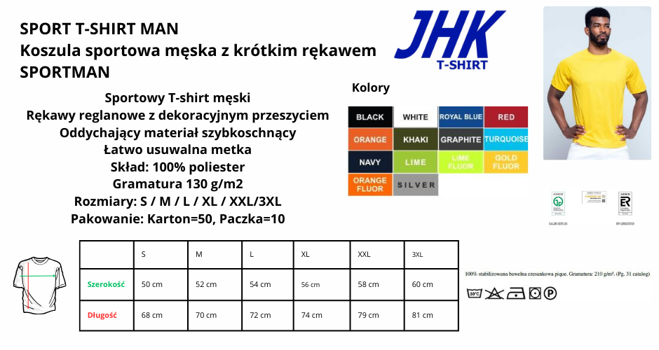 Koszulka męska poliestrowa sportowa COLOR JHK SPORT MEN 130g pod nadruki