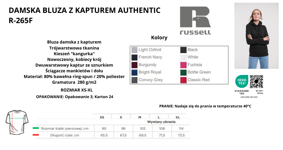 Bluza damska z kapturem COLOR RUSSELL R265F 280g pod nadruki